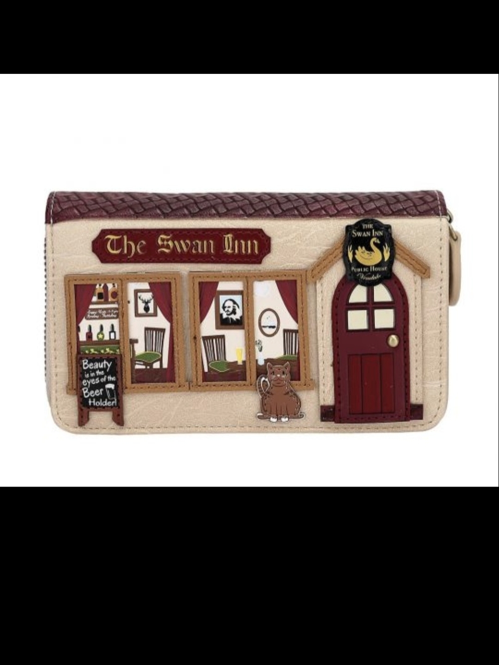 Vendula The Swan Inn Pub Medium Ziparound Wallet - Cream & Burgundy
